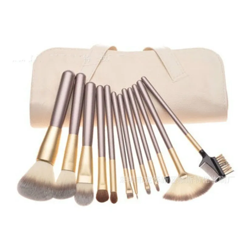 12Pcs Makeup Brush Set Beige Foundation Professional Make Up Brushes Eye Shadow Powder Eyeliner Brush Set Cosmetic Bag