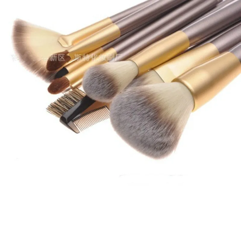 12Pcs Makeup Brush Set Beige Foundation Professional Make Up Brushes Eye Shadow Powder Eyeliner Brush Set Cosmetic Bag