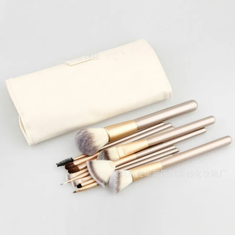 12Pcs Makeup Brush Set Beige Foundation Professional Make Up Brushes Eye Shadow Powder Eyeliner Brush Set Cosmetic Bag