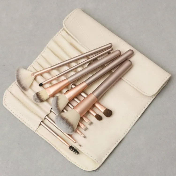 12Pcs Makeup Brush Set Beige Foundation Professional Make Up Brushes Eye Shadow Powder Eyeliner Brush Set Cosmetic Bag