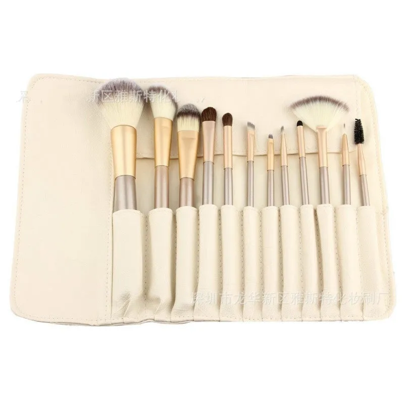 12Pcs Makeup Brush Set Beige Foundation Professional Make Up Brushes Eye Shadow Powder Eyeliner Brush Set Cosmetic Bag