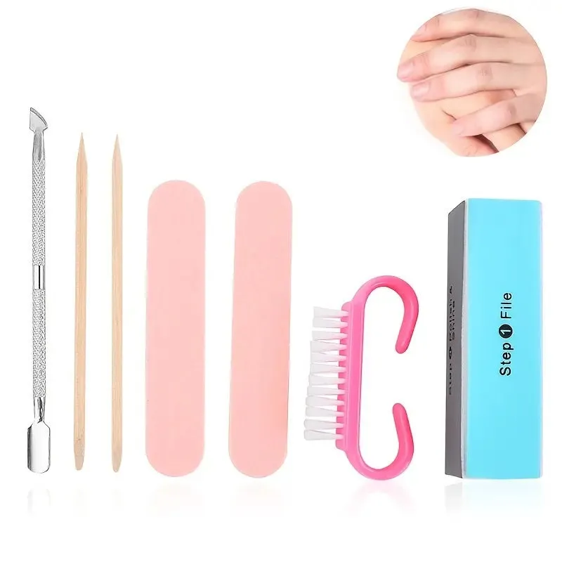 7 Pcs Manicure Set With Manicure Polishing Sponge Filings Nail Sanding Strip Portable Fingernail Cleaning Brushes Cuticle Pusher | Nail Kit