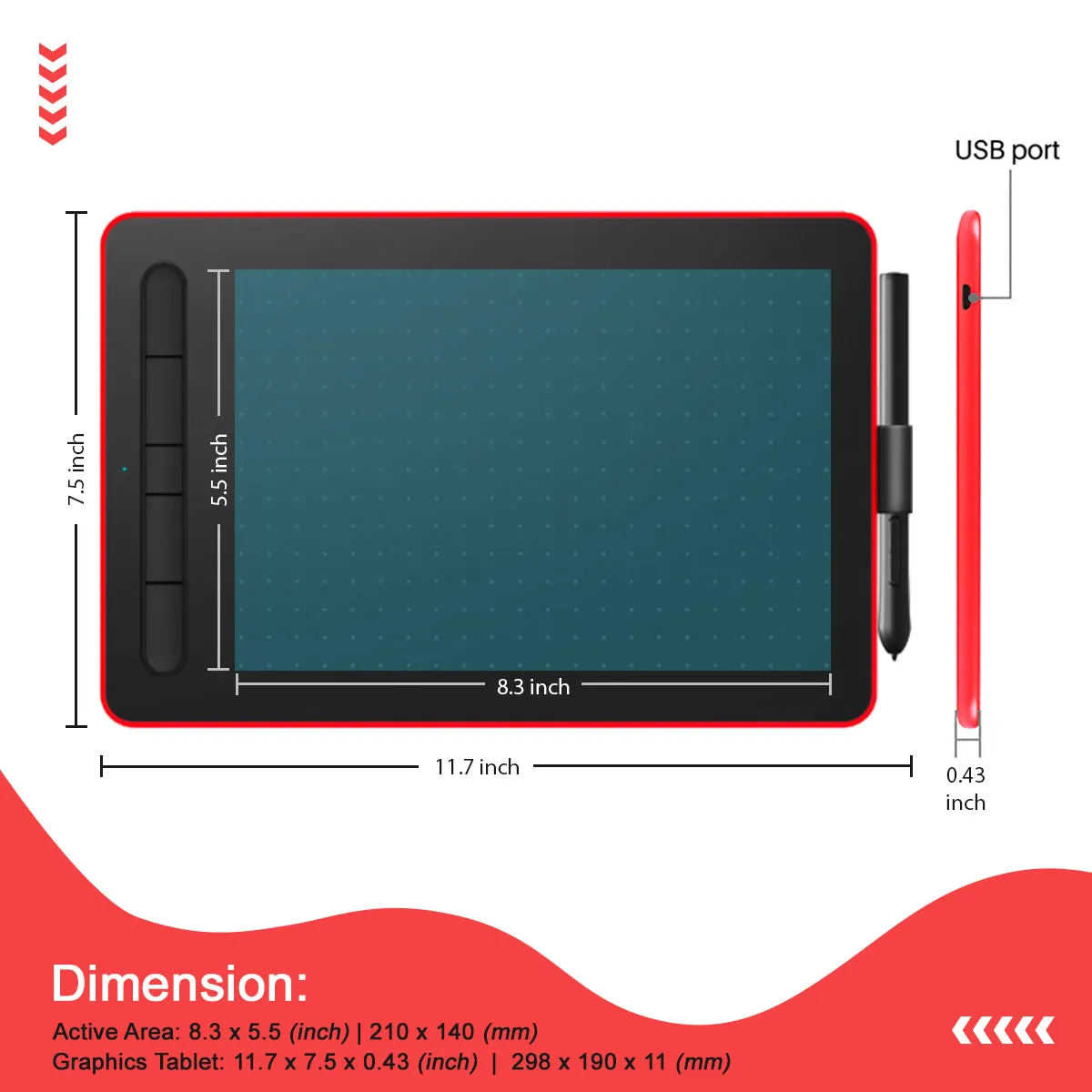 CASE U Graphics Tablet With Pen (12 Inch) - Red (WP9620)