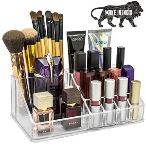 INOVERA (LABEL) 16 Compartment Cosmetic Makeup Jewellery Lipstick Storage Organizer Holder Box, 21.2L x 12.5W x 7.8H, Transparent