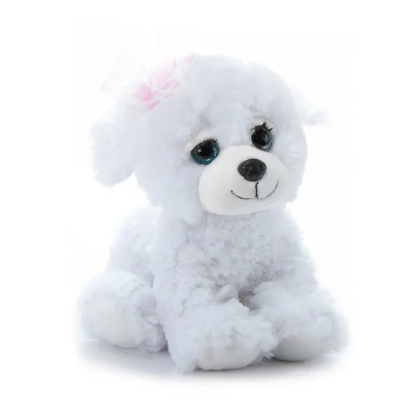 Plush White Lash'z Bichon with Pink Polk-a Dot Bow